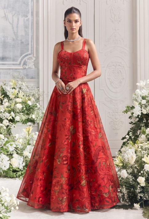 Red Floral Tabby Organza Party Wear Lehenga Set
